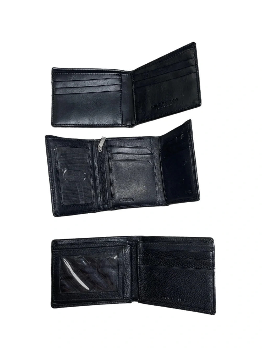 Bundle of THREE Men’s Black Leather Wallets; FOSSIL, Perry Ellis, London Fog